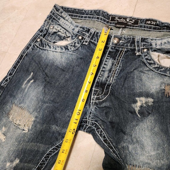 Smoke Rise Mens 38x30 DISTRESSED HipHop Embroidered Skater Jeans Streetwear Wide - Picture 6 of 11